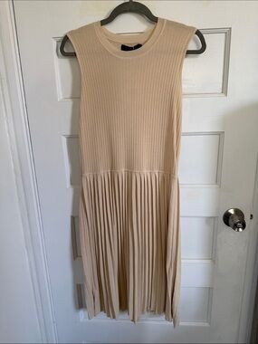 Sleeveless Pleated High-Low Dress in Beige